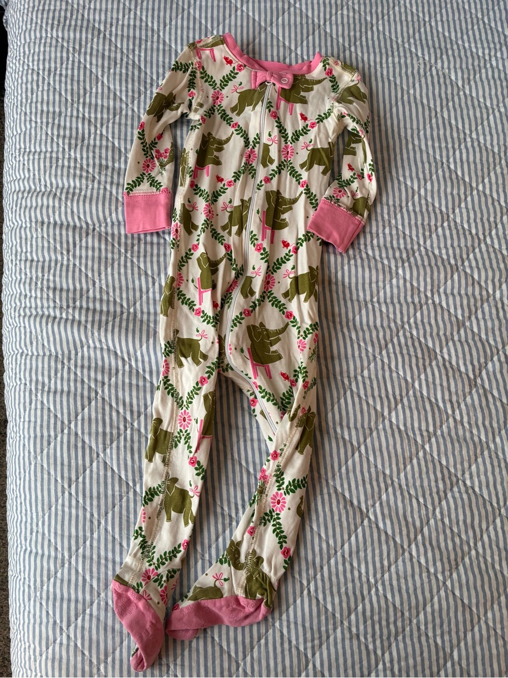 TBBC One-Piece Footed Pajamas - Pink Floral & Green Elephant Print